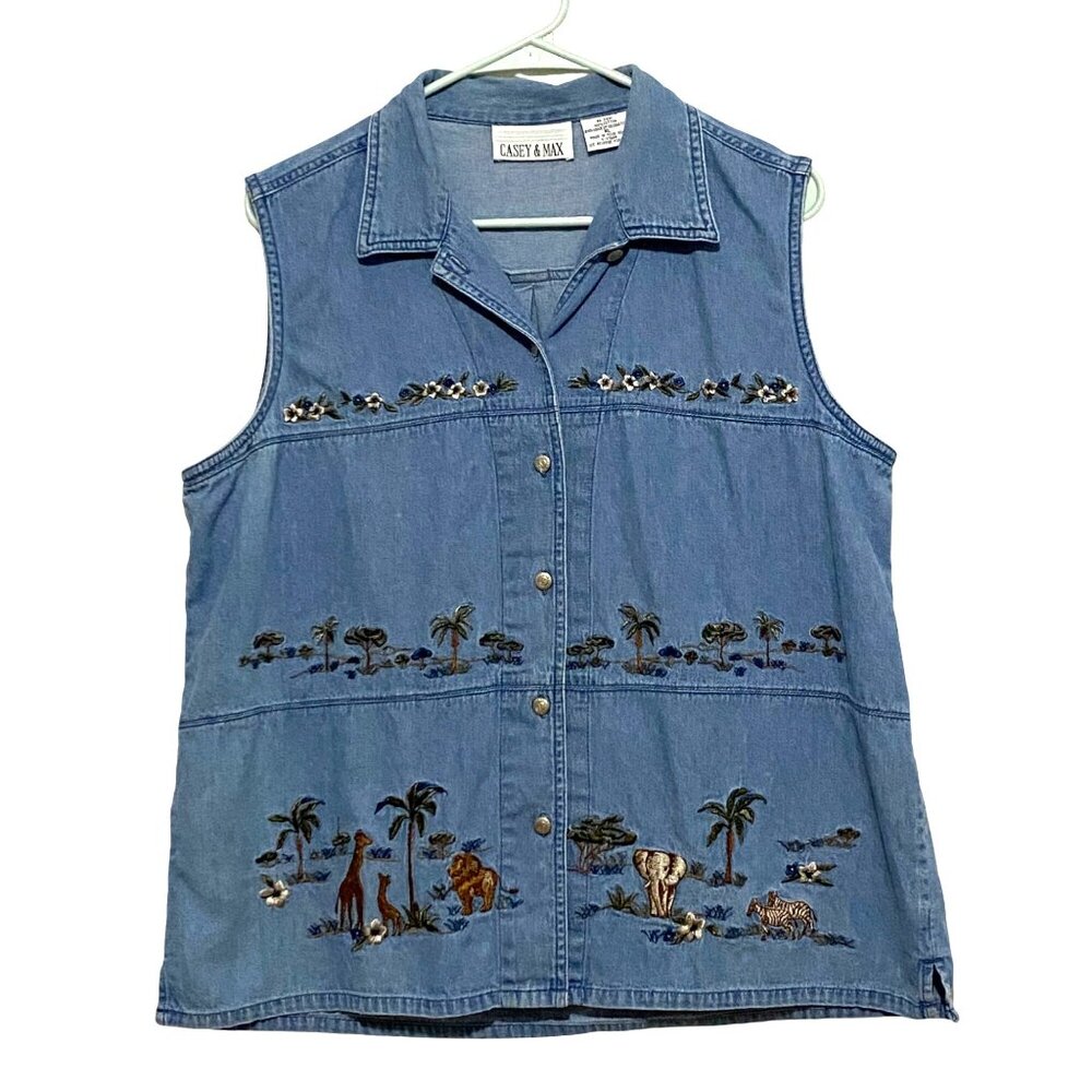 Vintage 90s Casey‎ & Max Boho Button Front Vest Womens XL Blue Denim Grandmacore